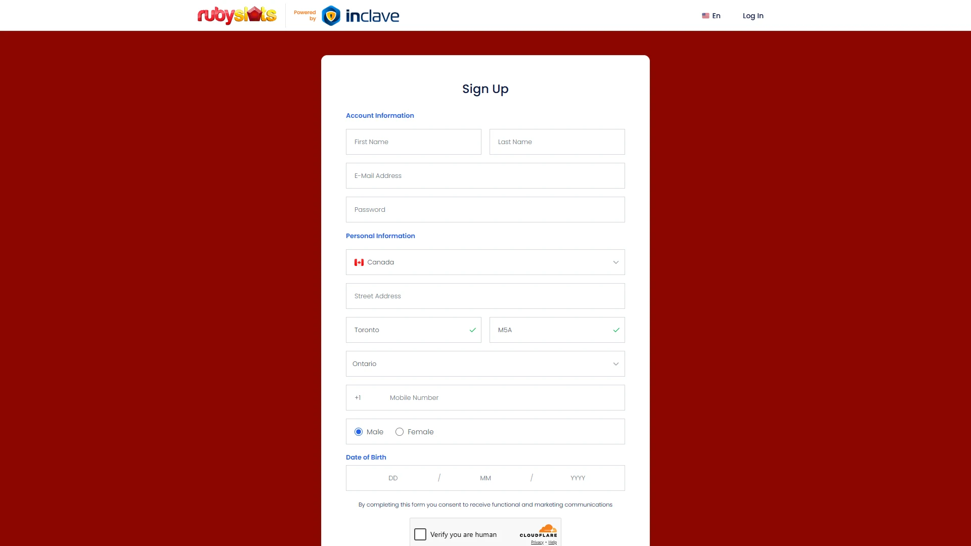Ruby Slots registration form